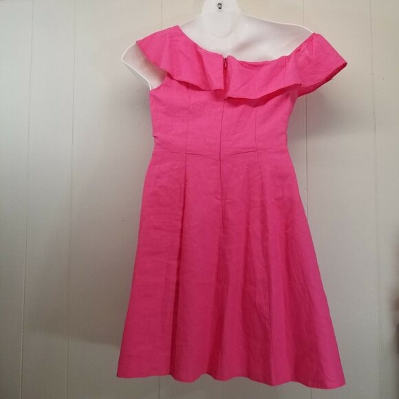 Asos Hot Pink Dress Off Shoulder Linen Pockets US8 Skater Fit Flare A Line - Picture 4 of 6
